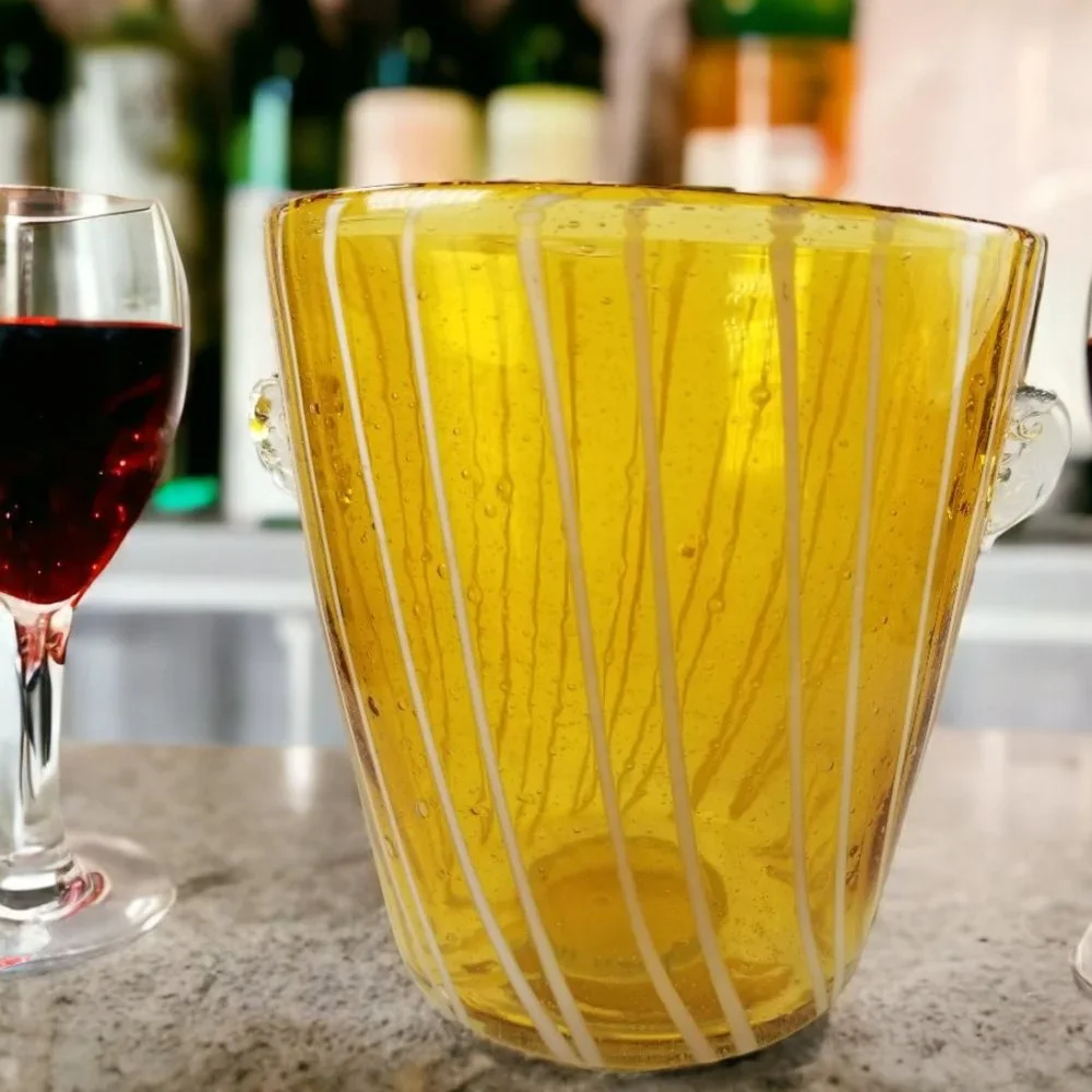 Murano Italian Ice Bin Venini for Disaronno, Handblown Art Glass, Amber & White